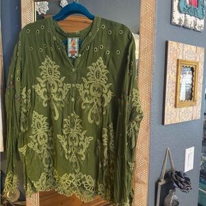 Johnny Was Green Embellished Blouse with Mandarin Collar